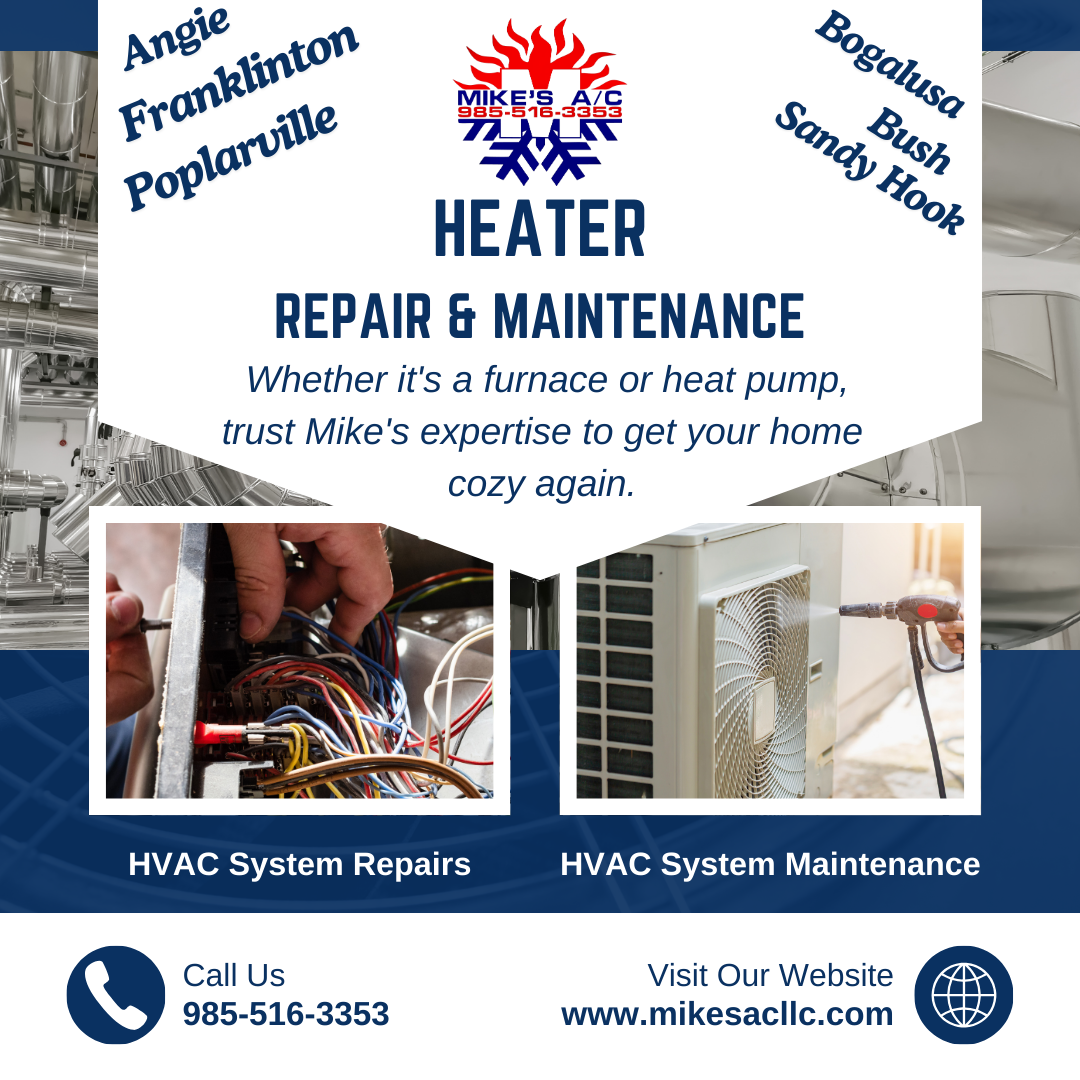 Heater repair in Franklinton, Louisiana by Mike’s A/C LLC. Company van with logo on site for residential heating service.